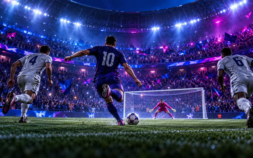 Partida de futebol em estádio iluminado